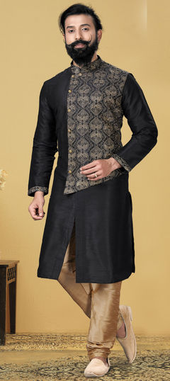 Black and Grey color Kurta Pyjamas in Dupion Silk fabric with Embroidered, Thread work
