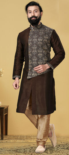 Beige and Brown color Kurta Pyjamas in Dupion Silk fabric with Embroidered, Thread work