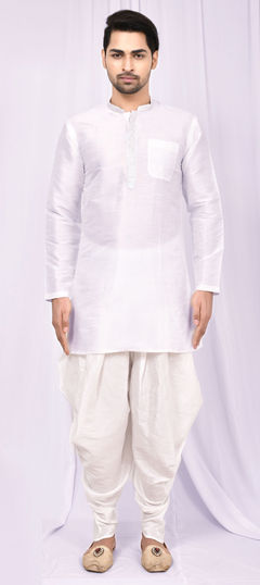 White and Off White color Dhoti Kurta in Art Silk, Silk fabric with Thread work