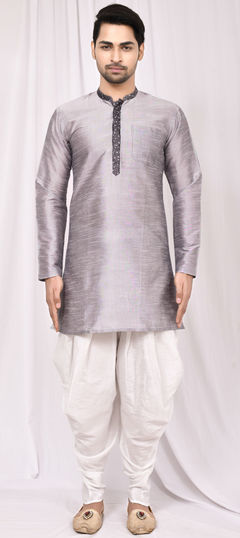 Black and Grey color Dhoti Kurta in Art Silk, Silk fabric with Thread work