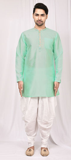 Green color Dhoti Kurta in Art Silk, Silk fabric with Thread work