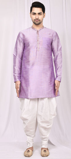 Purple and Violet color Dhoti Kurta in Art Silk, Silk fabric with Thread work