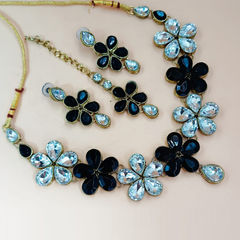 Gold Rodium Polish Blue, White and Off White color Necklace in Metal Alloy studded with Kundan