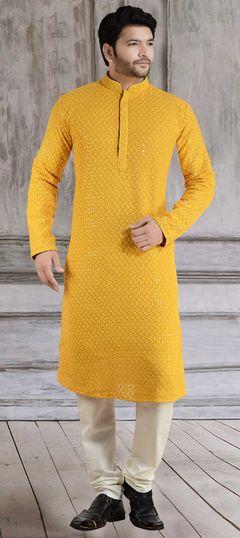 Yellow color Kurta Pyjamas in Georgette fabric with Embroidered, Sequence, Thread work