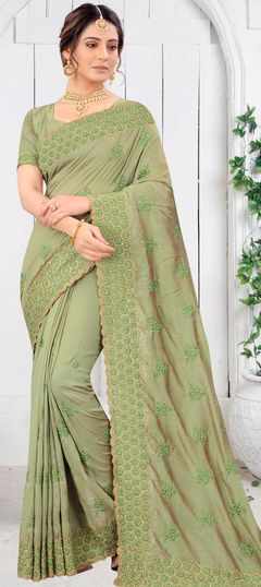 Green color Saree in Art Silk, Silk fabric with Embroidered, Resham, Stone, Thread work