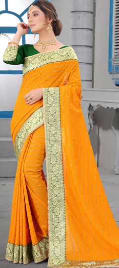 Yellow color Saree in Art Silk, Silk fabric with Border work