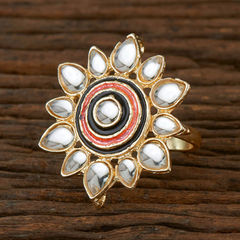 Gold Rodium Polish White and Off White color Ring in Brass studded with Kundan