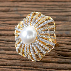 Gold Rodium Polish White and Off White color Ring in Brass studded with Austrian diamond