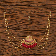 Gold Rodium Polish Red and Maroon color Mang Tikka in Copper studded with Pearl