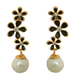 Gold Rodium Polish Black and Grey color Earrings in Brass studded with CZ Diamond
