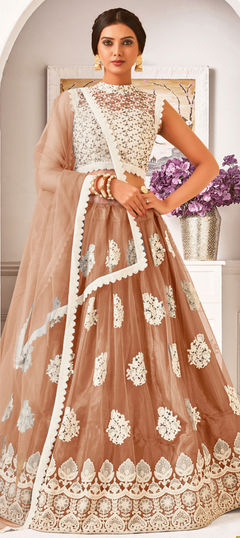 Beige and Brown color Lehenga in Net fabric with Embroidered, Resham, Sequence, Thread work