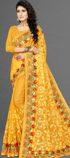 Yellow color Saree in Net fabric with Embroidered, Stone, Thread work