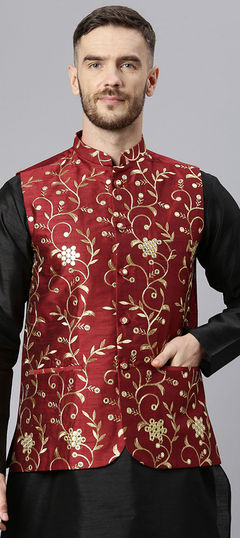 Red and Maroon color Nehru Jacket in Polyester Silk fabric with Embroidered, Thread work