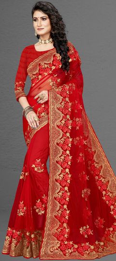 Red and Maroon color Saree in Net fabric with Embroidered, Stone, Thread work