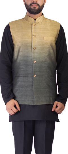 Black and Grey, Gold color Nehru Jacket in Raw Silk fabric with Ombre, Printed work : 1744547