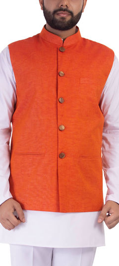 Orange color Nehru Jacket in Cotton fabric with Thread work : 1744552