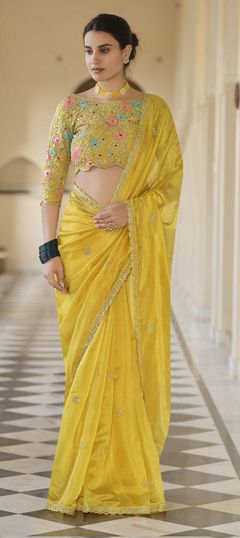 Bridal, Traditional, Wedding Yellow color Saree in Organza Silk, Silk fabric with South Sequence, Thread work : 1744553