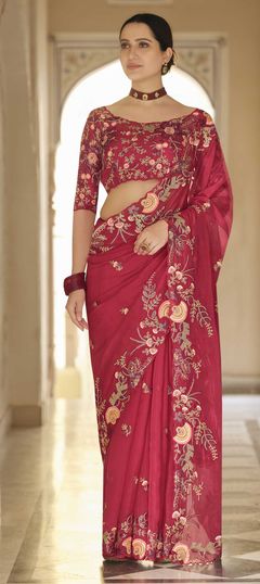 Red and Maroon color Saree in Organza Silk, Silk fabric with Sequence, Thread work