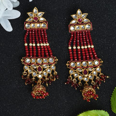 Gold Rodium Polish Red and Maroon color Earrings in Brass studded with Cubic Zirconia, CZ Diamond, Pearl