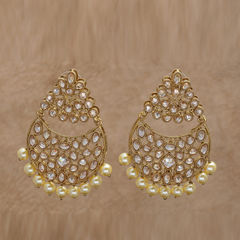Gold Rodium Polish Beige and Brown color Earrings in Brass studded with Kundan, Pearl