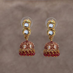 Gold Rodium Polish Red and Maroon color Earrings in Brass studded with Kundan, Pearl