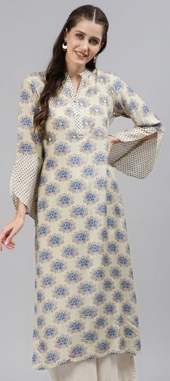 Beige and Brown color Kurti in Cotton, Silk fabric with Floral, Mirror, Printed, Zari work