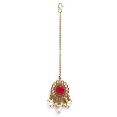 Gold Rodium Polish Pink and Majenta, White and Off White color Mang Tikka in Brass studded with CZ Diamond, Pearl