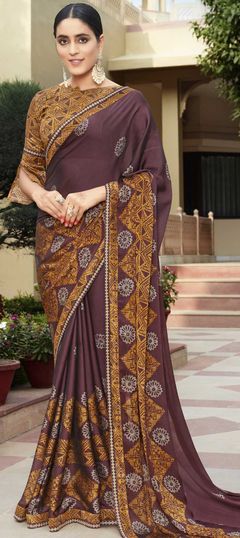 Beige and Brown color Saree in Georgette fabric with Printed work