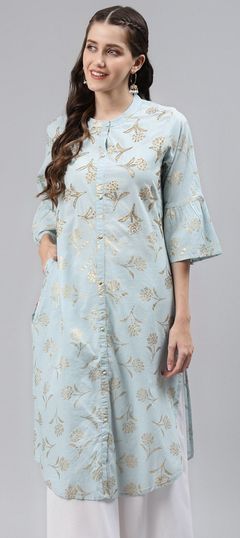 Blue color Kurti in Cotton fabric with Cut Dana, Foil Print, Sequence work