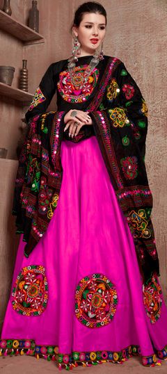 Pink and Majenta color Lehenga in Art Silk, Cotton fabric with Embroidered, Mirror, Resham, Thread work