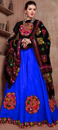 Blue color Lehenga in Art Silk, Cotton fabric with Embroidered, Mirror, Resham, Thread work