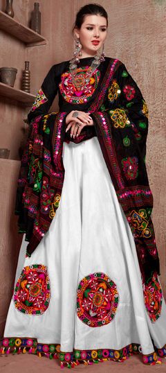 White and Off White color Lehenga in Art Silk, Cotton fabric with Embroidered, Mirror, Resham, Thread work