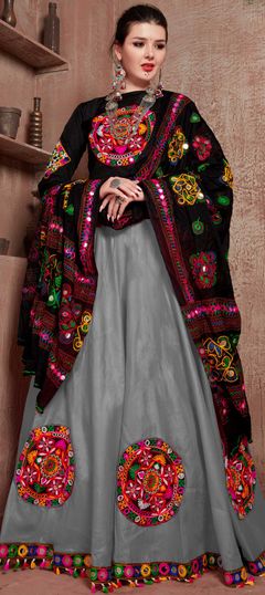 Black and Grey color Lehenga in Art Silk, Cotton fabric with Embroidered, Mirror, Resham, Thread work