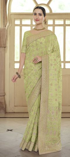 Green color Saree in Art Silk, Silk fabric with Gota Patti, Resham, Thread work