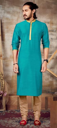 Blue color Kurta Pyjamas in Dupion Silk fabric with Lace work