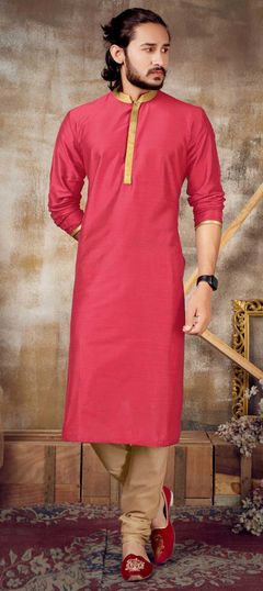 Pink and Majenta color Kurta Pyjamas in Dupion Silk fabric with Lace work
