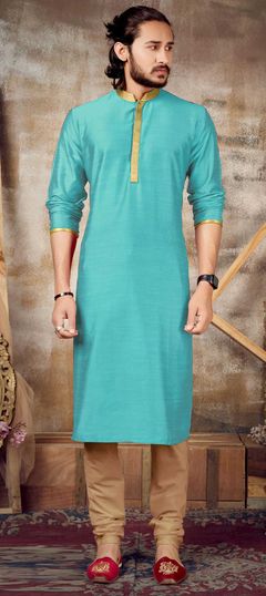 Blue color Kurta Pyjamas in Dupion Silk fabric with Lace work