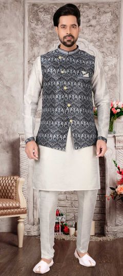 White and Off White color Kurta Pyjama with Jacket in Dupion Silk fabric with Printed work