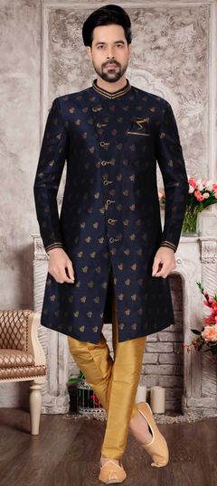 Blue color IndoWestern Dress in Jacquard fabric with Weaving, Zari work