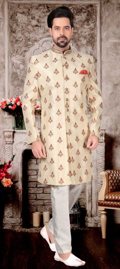 Beige and Brown color IndoWestern Dress in Jacquard fabric with Embroidered, Thread, Zari work