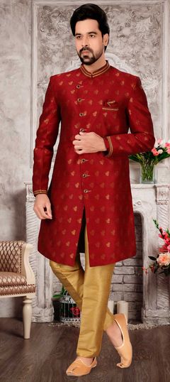 Red and Maroon color IndoWestern Dress in Jacquard fabric with Weaving, Zari work