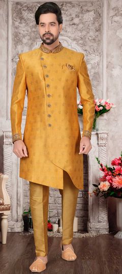 Yellow color IndoWestern Dress in Jacquard fabric with Bugle Beads, Thread work