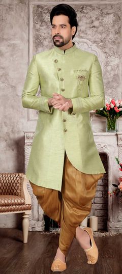 Green color Dhoti Kurta in Art Silk fabric with Broches work