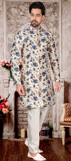 Beige and Brown color IndoWestern Dress in Jacquard fabric with Digital Print, Floral work