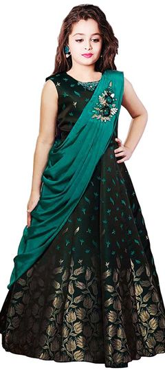 Green color Girls Gown in Taffeta Silk fabric with Embroidered, Thread work