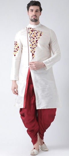 White and Off White color Dhoti Kurta in Dupion Silk fabric with Embroidered, Thread work