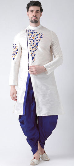 White and Off White color Dhoti Kurta in Dupion Silk fabric with Embroidered, Thread work