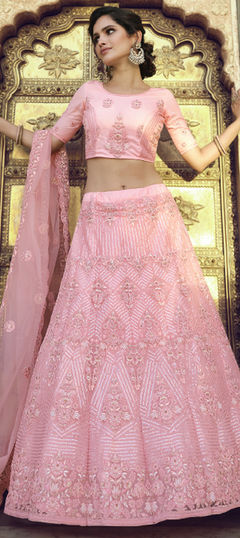 Pink and Majenta color Lehenga in Net fabric with Sequence, Thread, Zari work