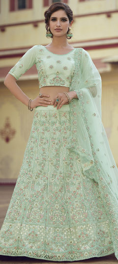 Green color Lehenga in Net fabric with Sequence, Thread, Zari work