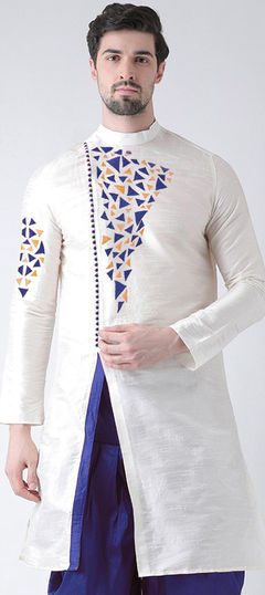 White and Off White color Kurta in Dupion Silk fabric with Embroidered, Resham, Thread work